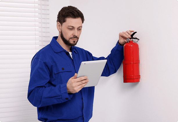 Man inspecting fire extinguisher with tablet.