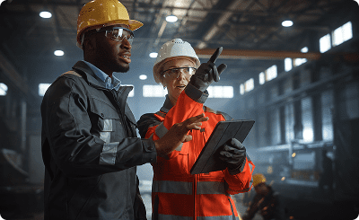 Construction workers discussing project with tablet.